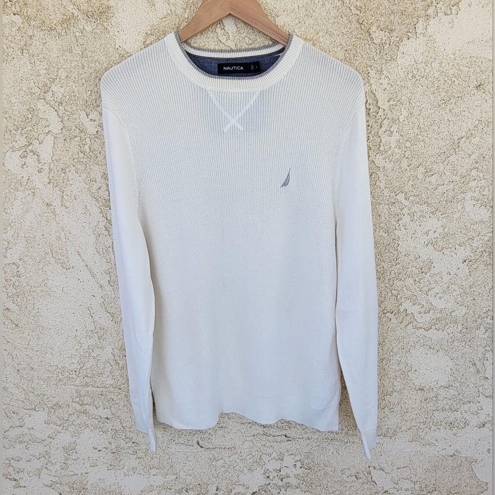 Nautica Sweater Mens Tight Knit Pullover Beige Crew Neck Stretch Size L